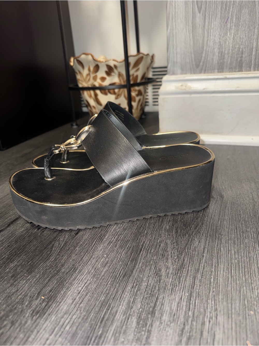 ALDO Black Slide Sandals with Gold Chain Trim